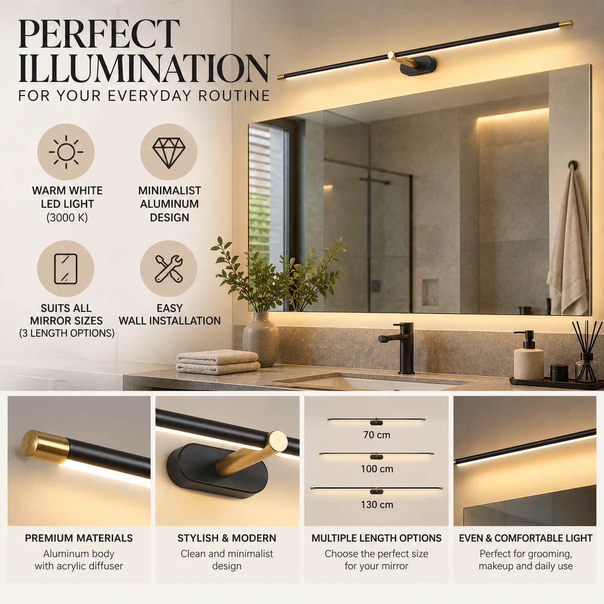 Bathroom Wall Light | LED Above Mirror, Minimalist Aluminum | Warm White