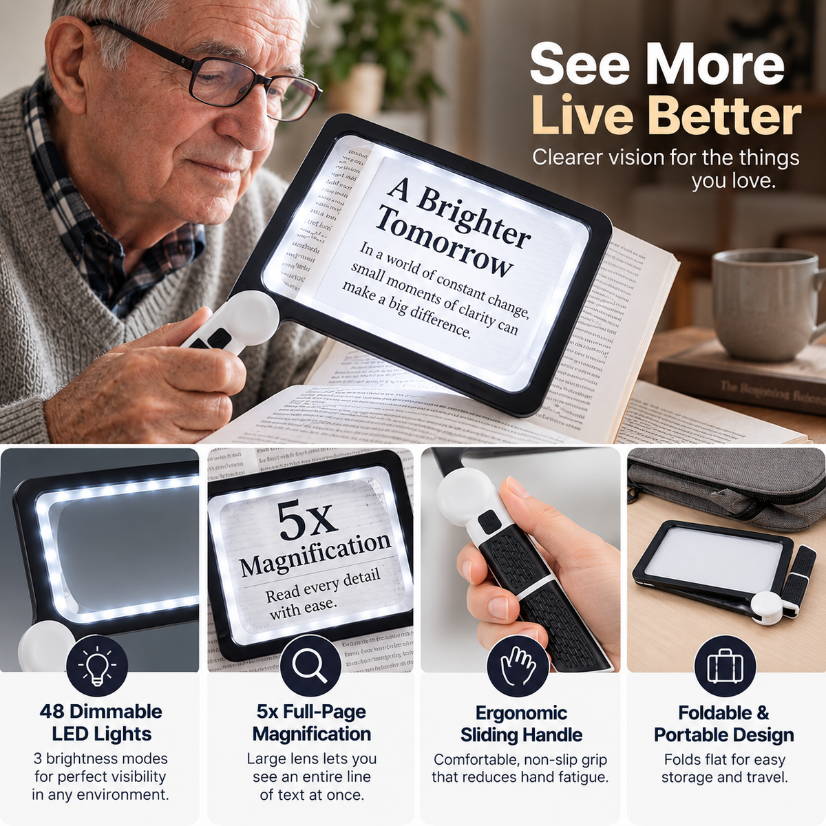 Handheld Magnifying Glass | 5x LED, Full Page, 3 Light Modes | Seniors