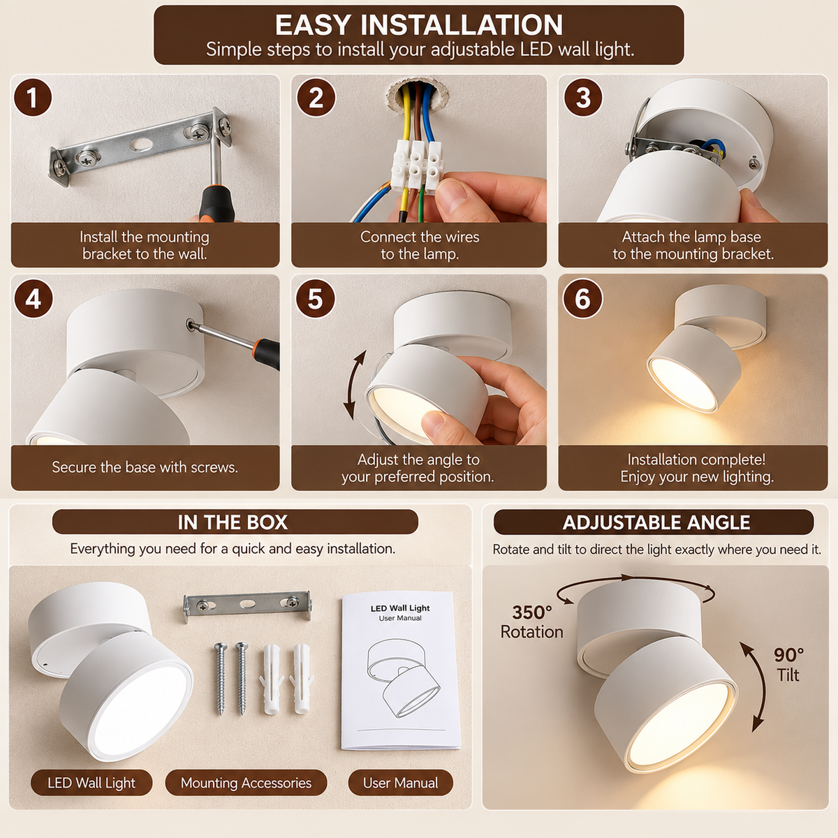 Indoor LED Wall Light | Round Design, Adjustable Head | Minimalist