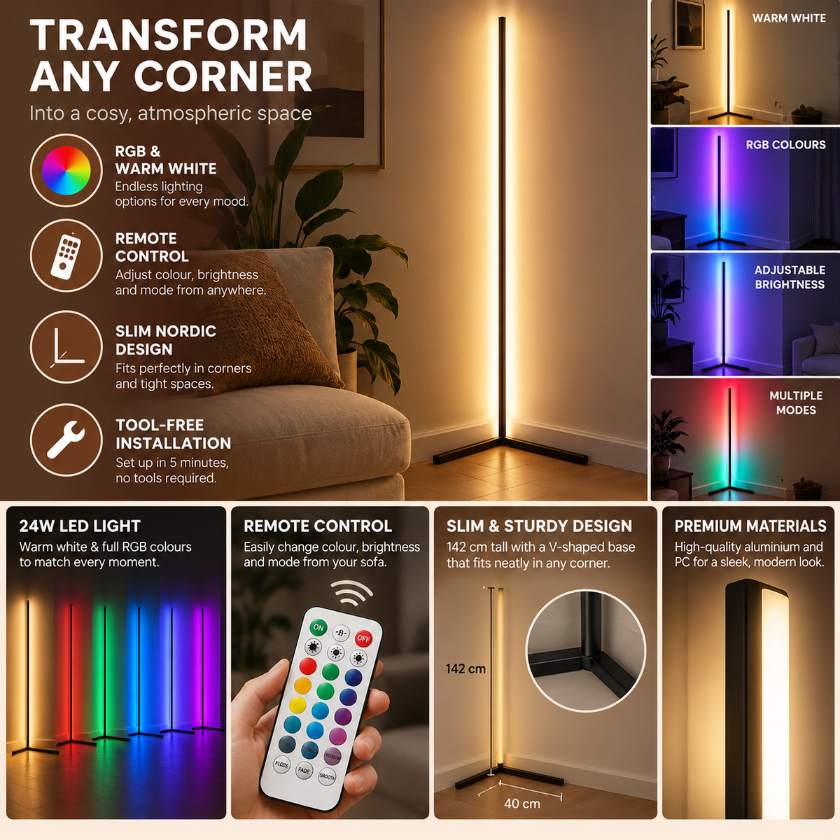 Floor Lamp | Nordic LED, Remote Control, RGB & Warm White | 142cm