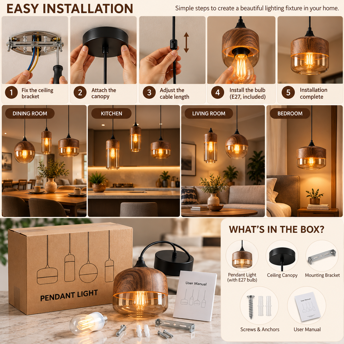 Cleo | Lampa wisząca w stylu skandynawskim | Minimalistyczna, z regulacją wysokości | Drewno i szkło