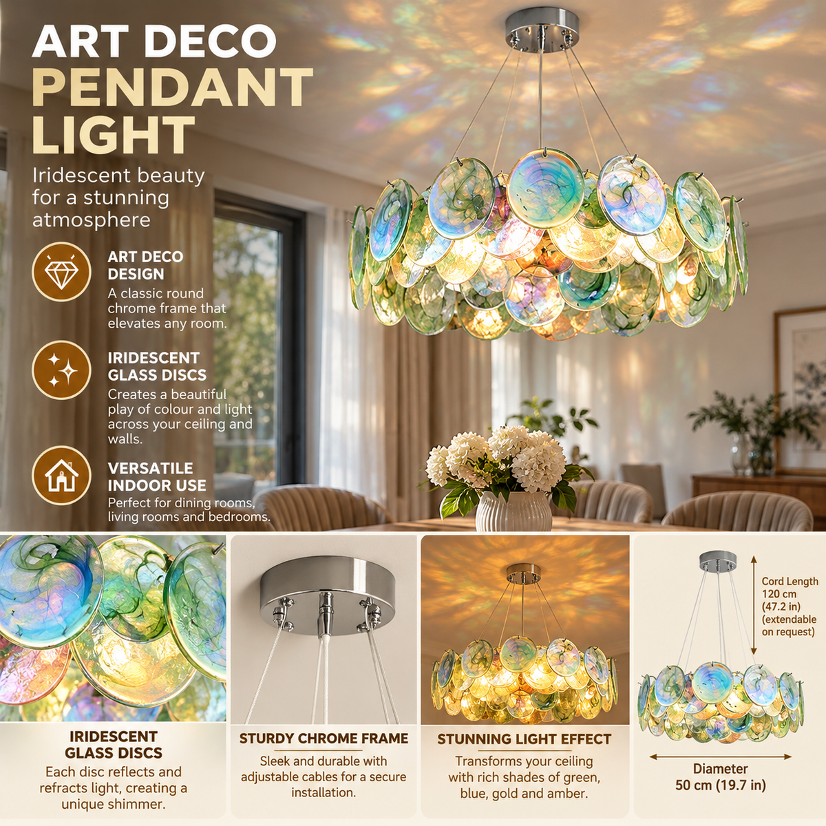 Art Deco Pendant Light | Iridescent Glass Discs, Chrome, E14