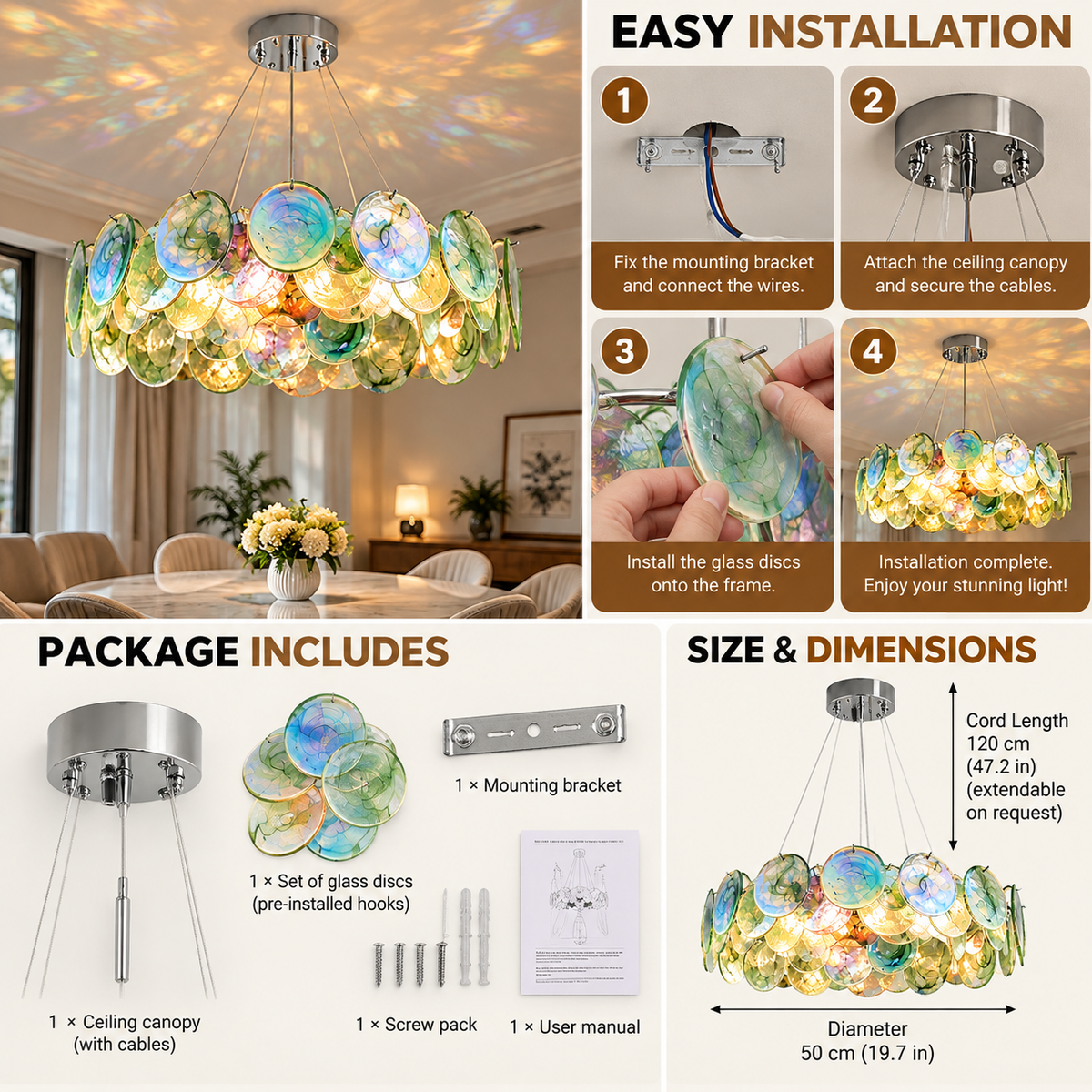 Art Deco Pendant Light | Iridescent Glass Discs, Chrome, E14