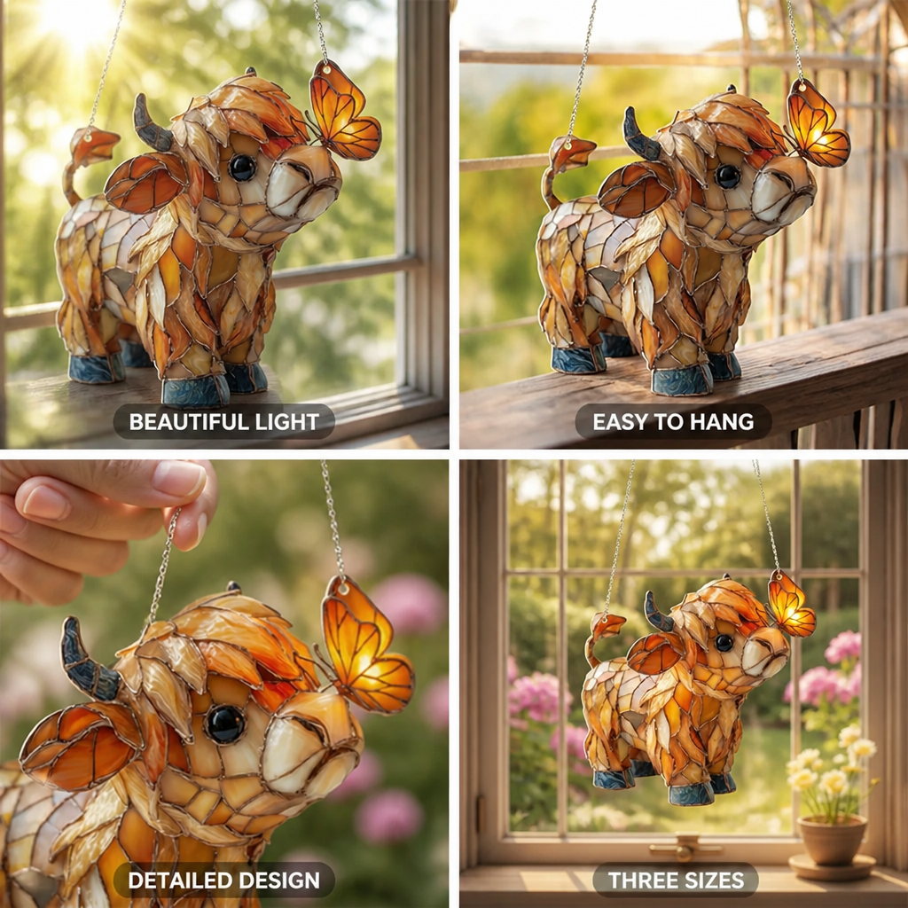 Window Suncatcher Stained Glass Highland Cow Butterfly