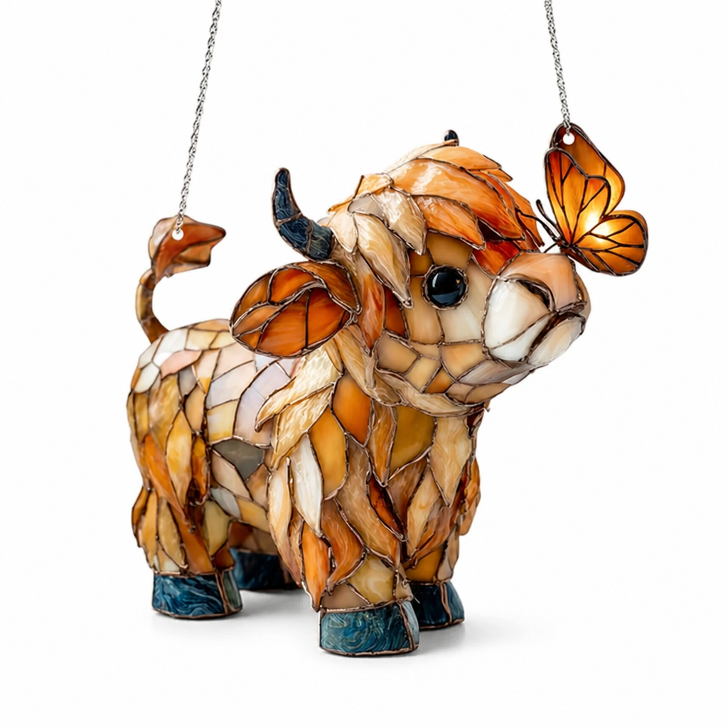 Window Suncatcher Stained Glass Highland Cow Butterfly