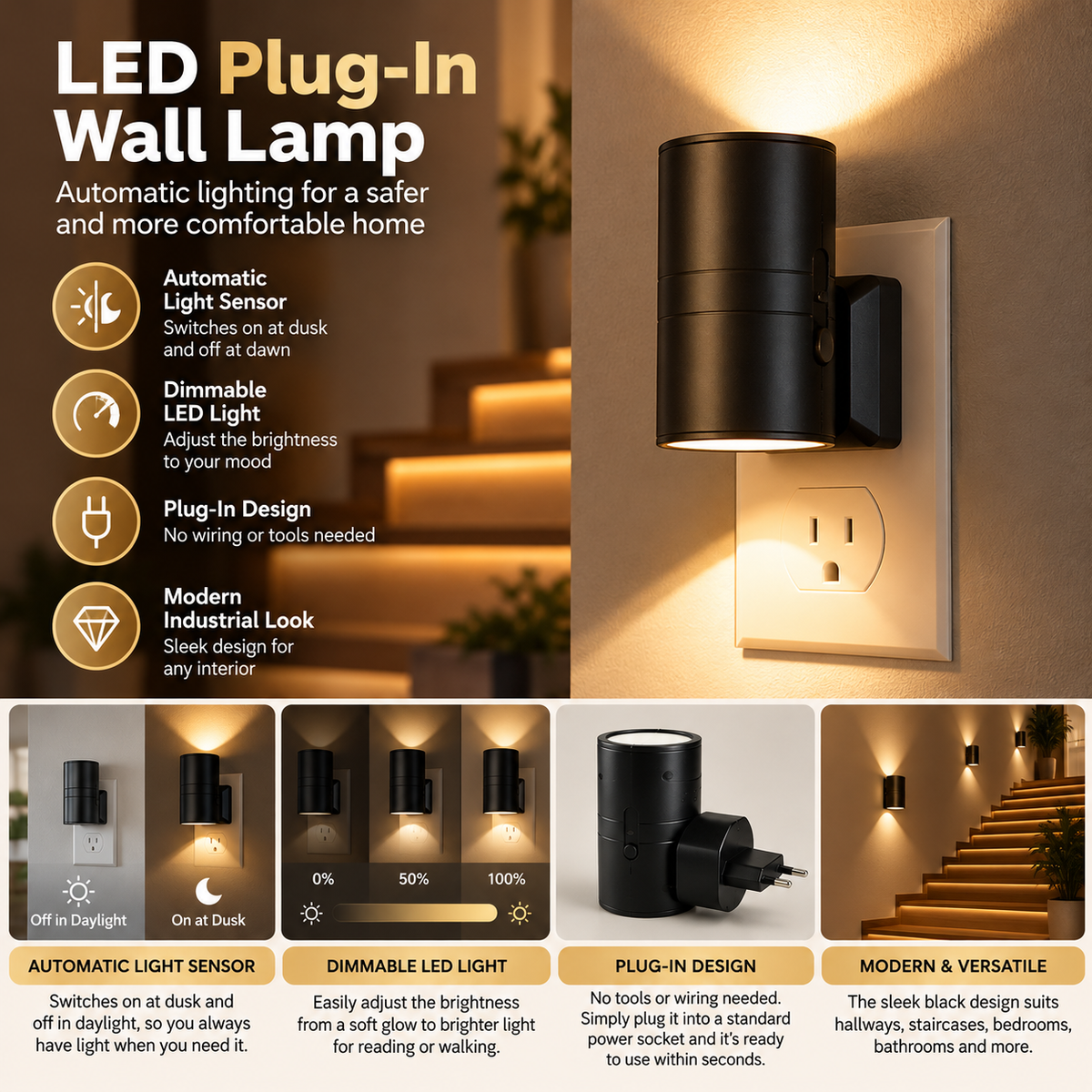 LED Plug-In Wall Lamp | Black, Dimmable, Light Sensor