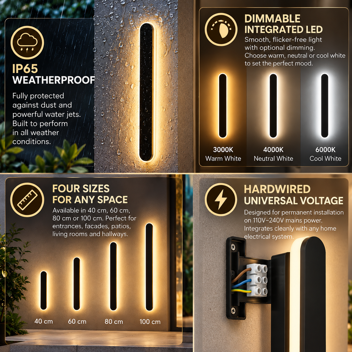 Linear Outdoor Wall Light | IP65 Weatherproof, Dimmable LED | Minimalist Metal