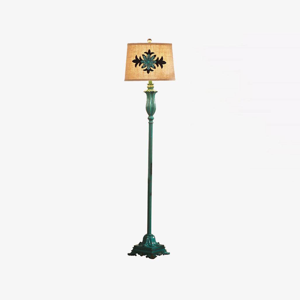 Vintage green floor lamp with metal and resin base, warm brown cotton-linen shade, living room