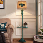 Vintage green floor lamp with metal and resin base, warm brown cotton-linen shade, living room