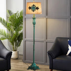 Vintage green floor lamp with metal and resin base, warm brown cotton-linen shade, living room