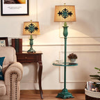 Vintage green floor lamp with metal and resin base, warm brown cotton-linen shade, living room
