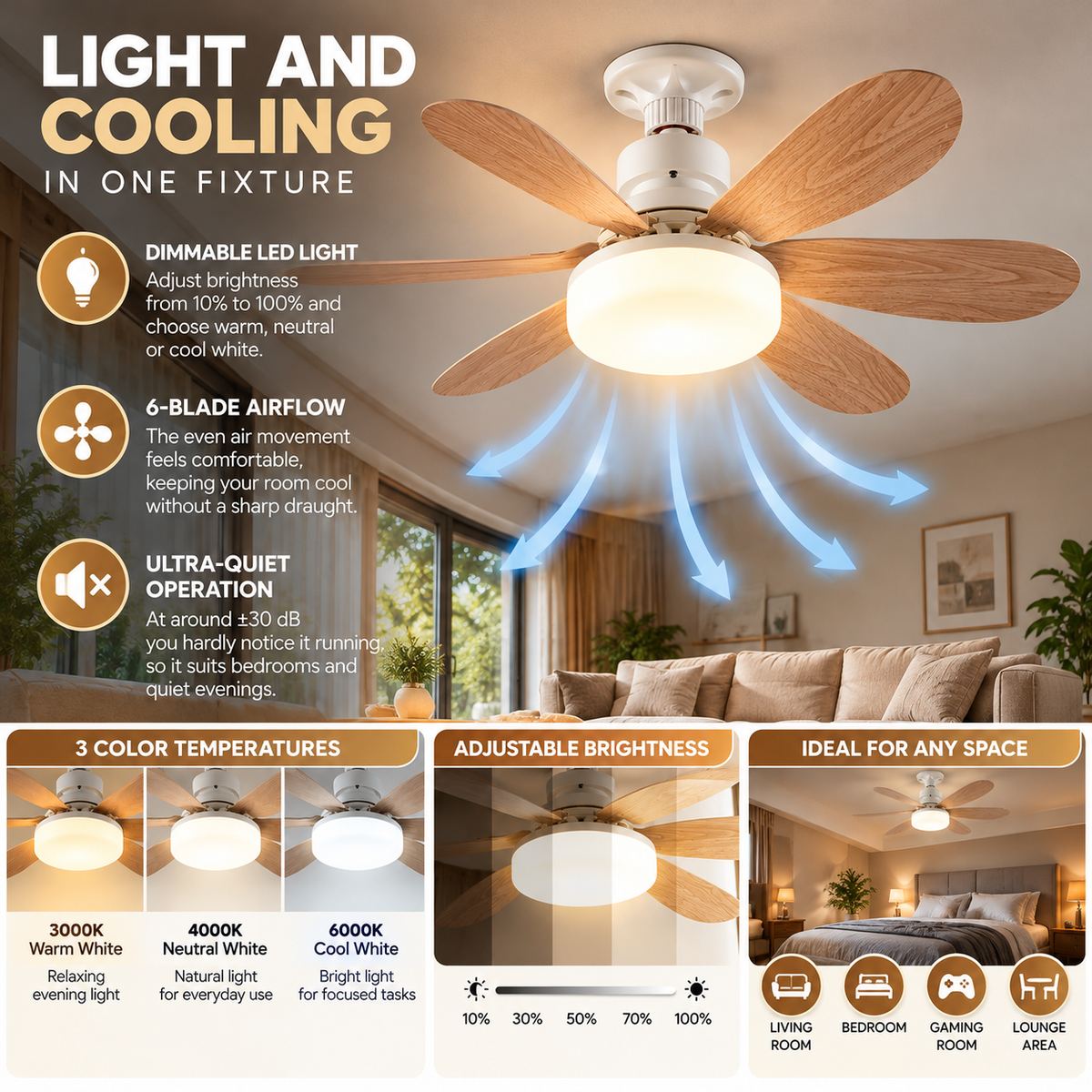 Ceiling Fan with Light | Remote, Dimmable LED, Quiet, Brown