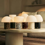 Rechargeable table lamp in ice green marble, cordless dimmable with modular shade