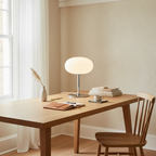 Bedside table lamp with opal milk glass egg shade, 28cm chrome pedestal, 3-colour dimmable