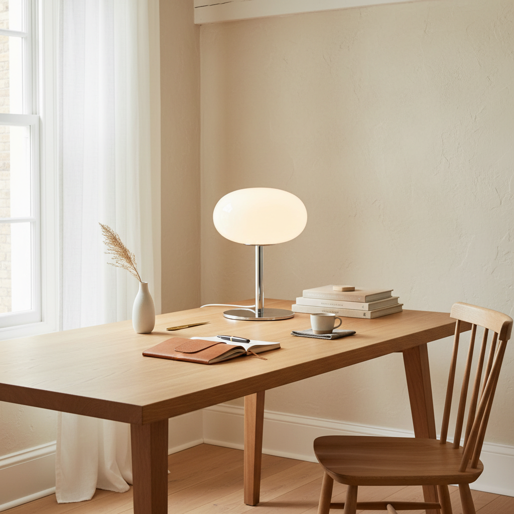 Bedside table lamp with opal milk glass egg shade, 28cm chrome pedestal, 3-colour dimmable