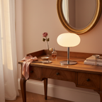 Bedside table lamp with opal milk glass egg shade, 28cm chrome pedestal, 3-colour dimmable