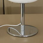 Bedside table lamp with opal milk glass egg shade, 28cm chrome pedestal, 3-colour dimmable