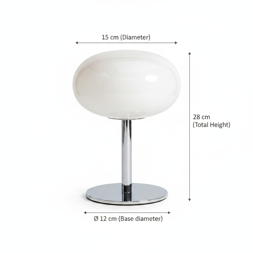 Bedside table lamp with opal milk glass egg shade, 28cm chrome pedestal, 3-colour dimmable