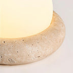 Travertine table lamp with opal glass globe, beige natural stone base, USB rechargeable LED