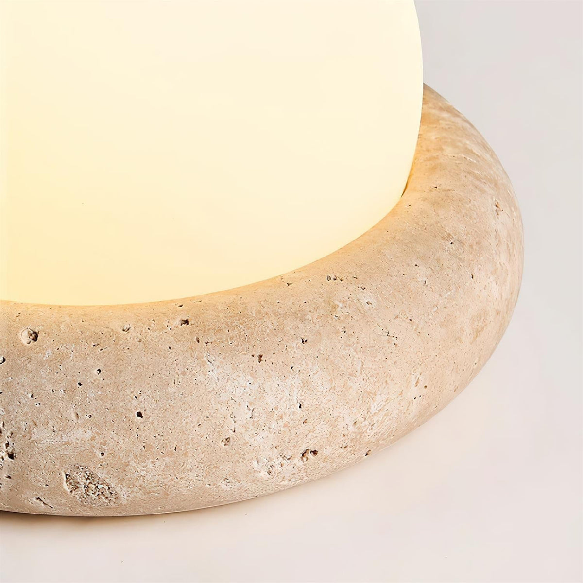 Travertine table lamp with opal glass globe, beige natural stone base, USB rechargeable LED