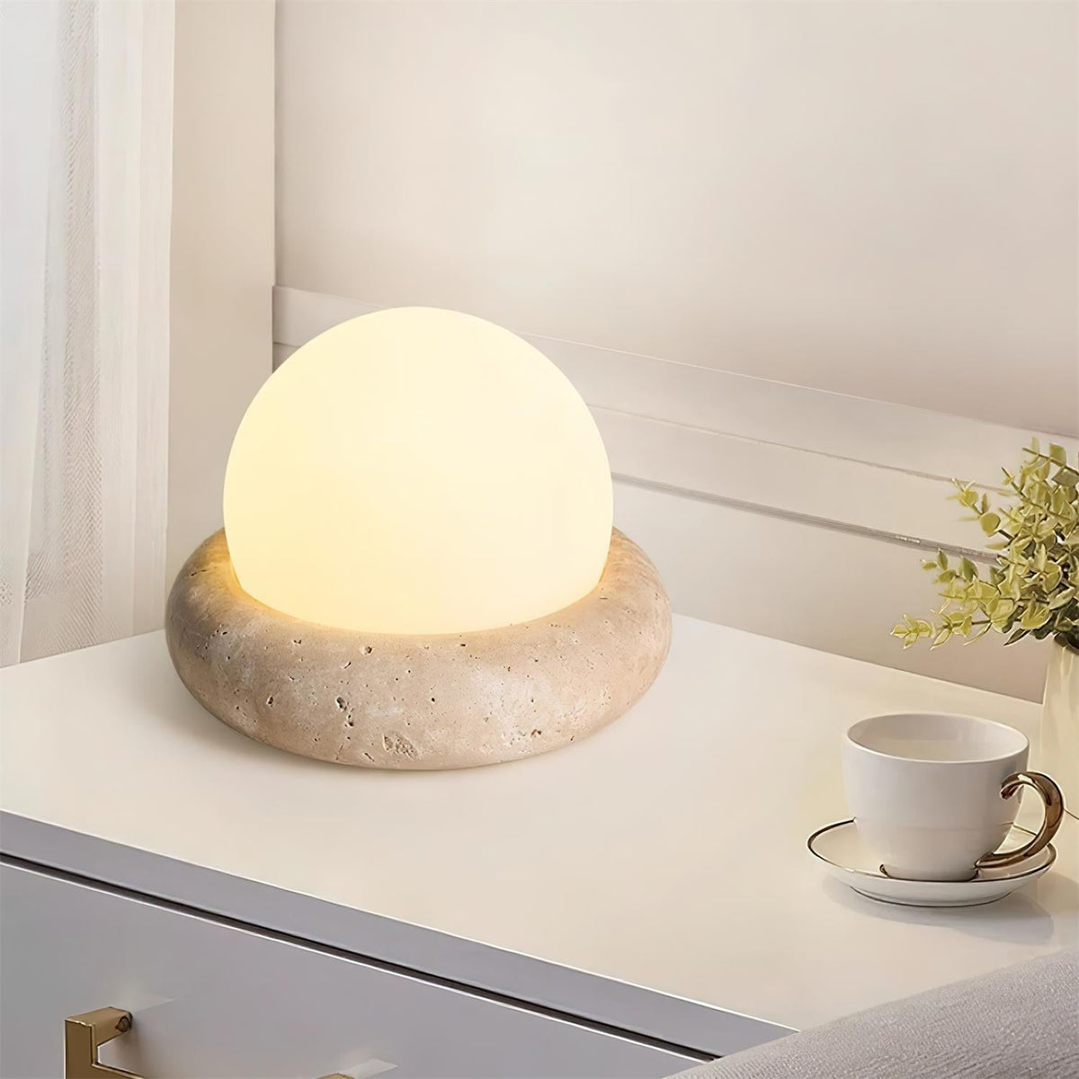 Travertine table lamp with opal glass globe, beige natural stone base, USB rechargeable LED