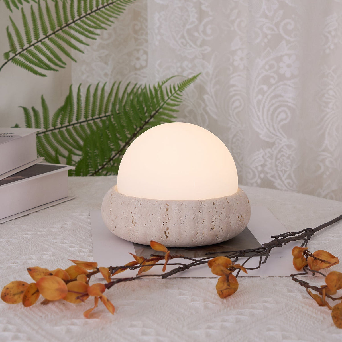 Travertine table lamp with opal glass globe, beige natural stone base, USB rechargeable LED