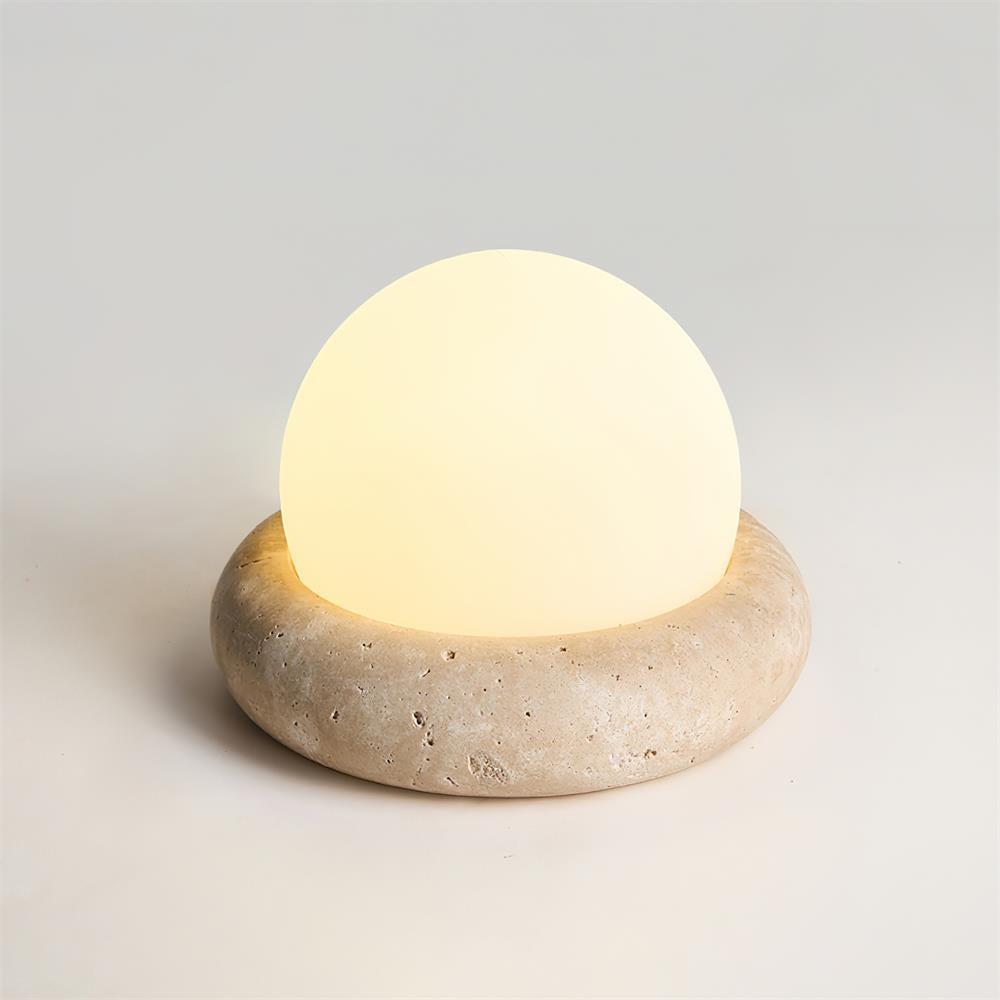 Travertine table lamp with opal glass globe, beige natural stone base, USB rechargeable LED