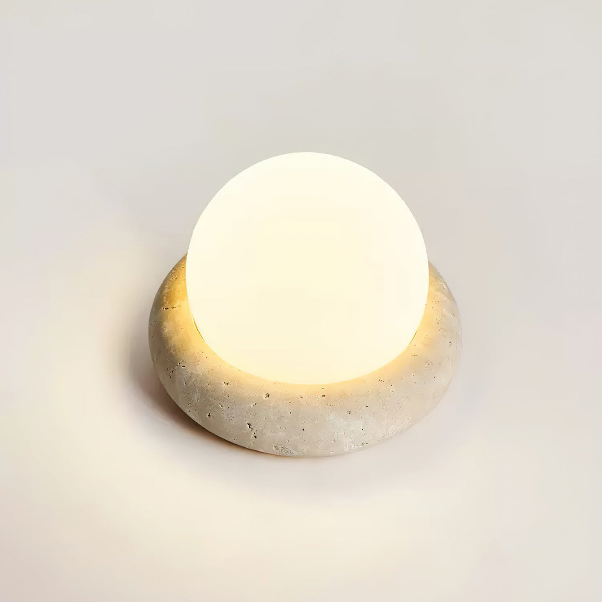 Travertine table lamp with opal glass globe, beige natural stone base, USB rechargeable LED
