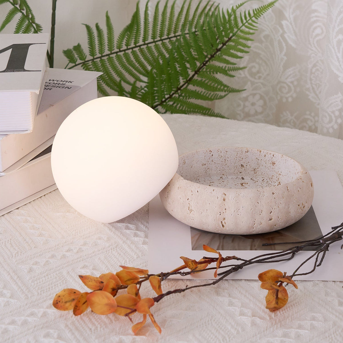 Travertine table lamp with opal glass globe, beige natural stone base, USB rechargeable LED