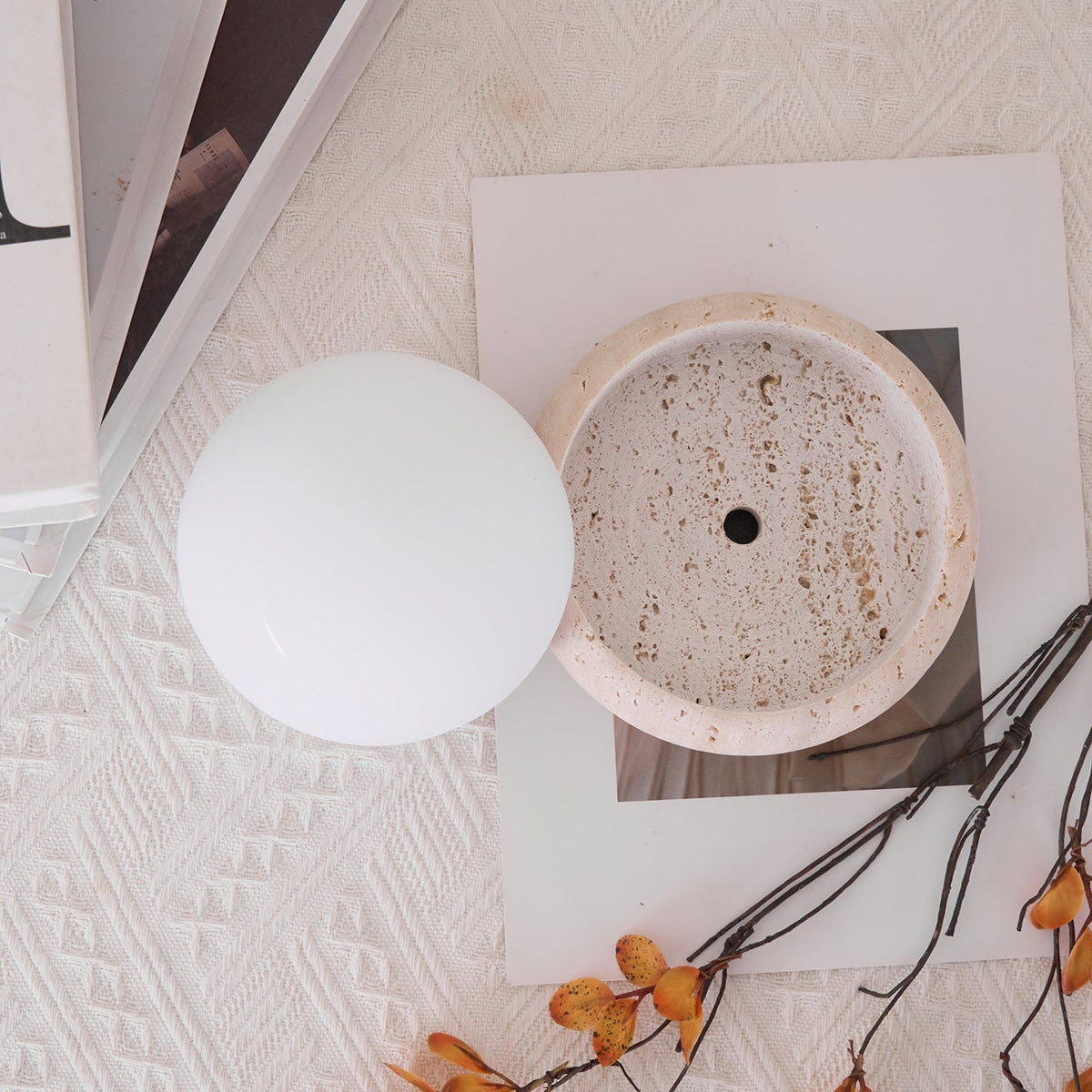 Travertine table lamp with opal glass globe, beige natural stone base, USB rechargeable LED