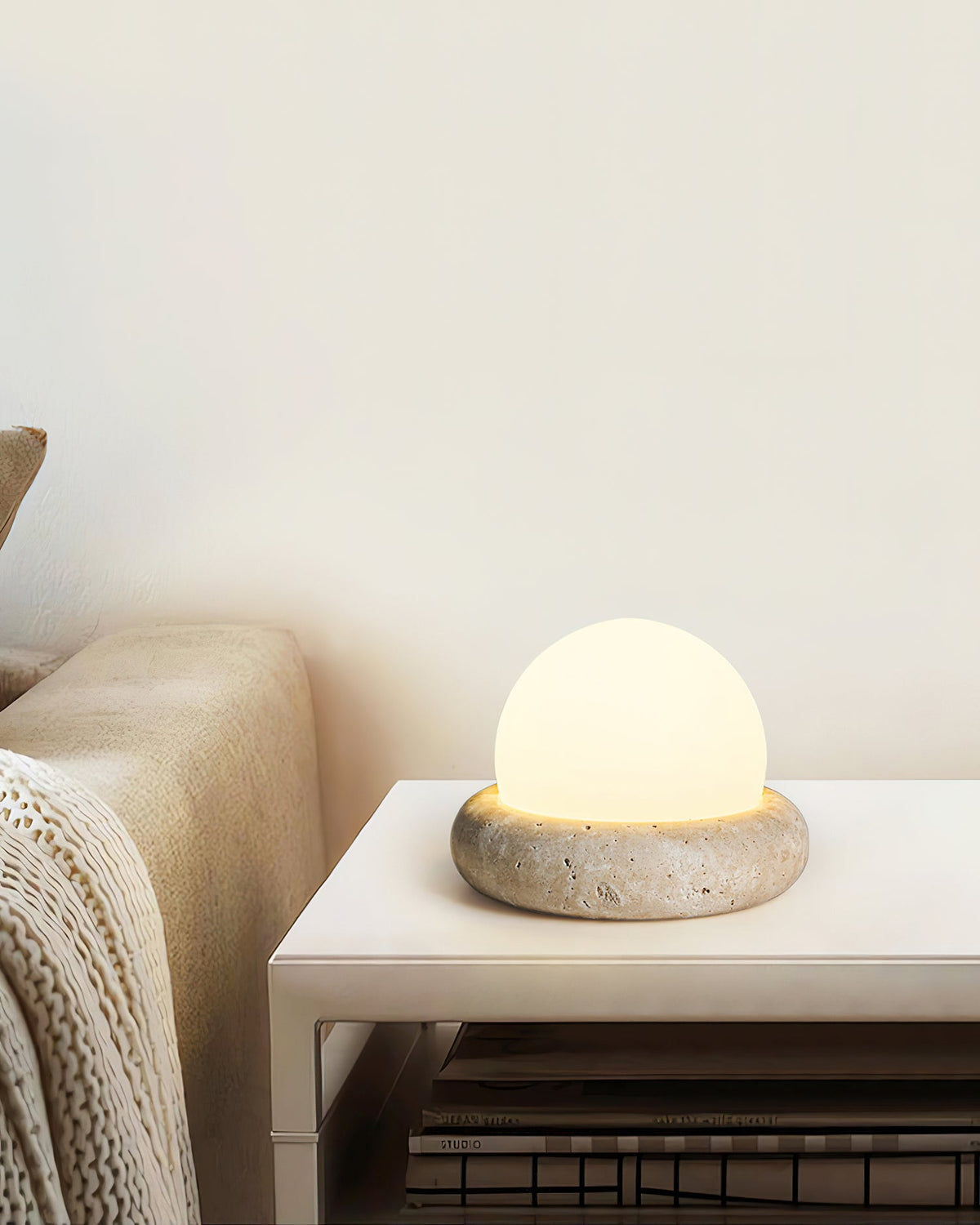 Travertine table lamp with opal glass globe, beige natural stone base, USB rechargeable LED