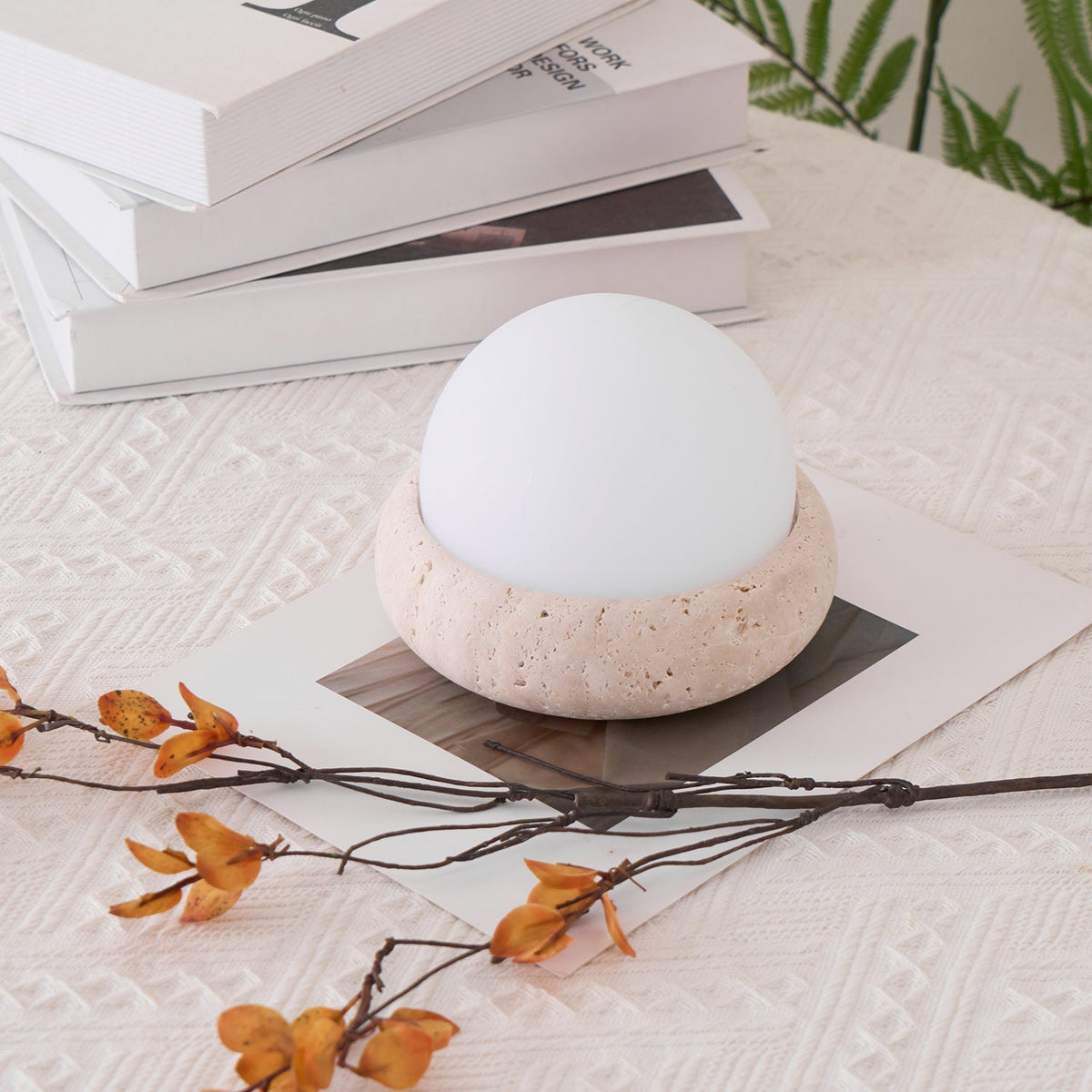 Travertine table lamp with opal glass globe, beige natural stone base, USB rechargeable LED