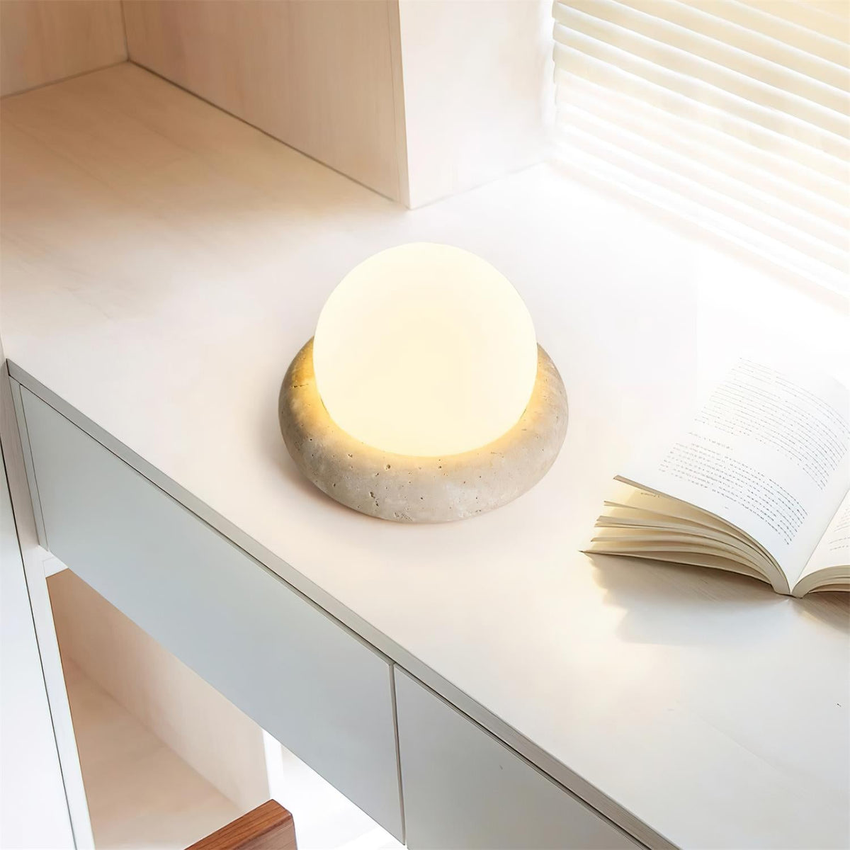 Travertine table lamp with opal glass globe, beige natural stone base, USB rechargeable LED