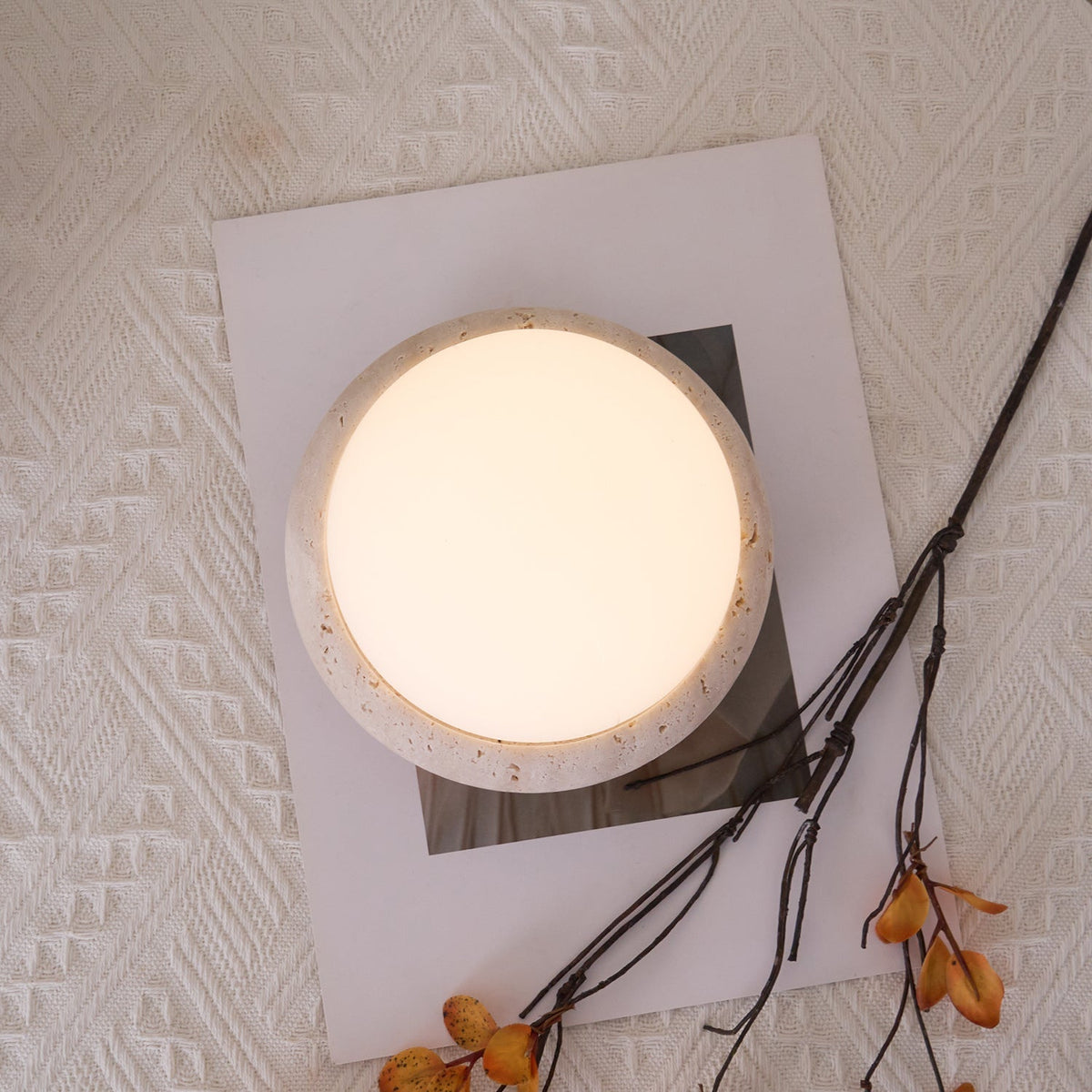 Travertine table lamp with opal glass globe, beige natural stone base, USB rechargeable LED