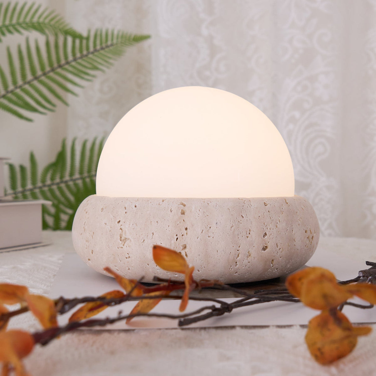 Travertine table lamp with opal glass globe, beige natural stone base, USB rechargeable LED