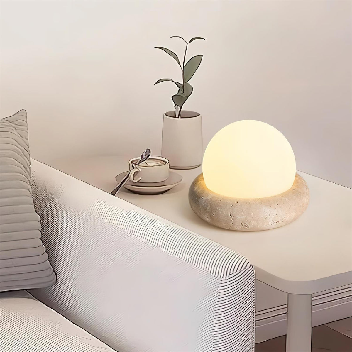 Travertine table lamp with opal glass globe, beige natural stone base, USB rechargeable LED