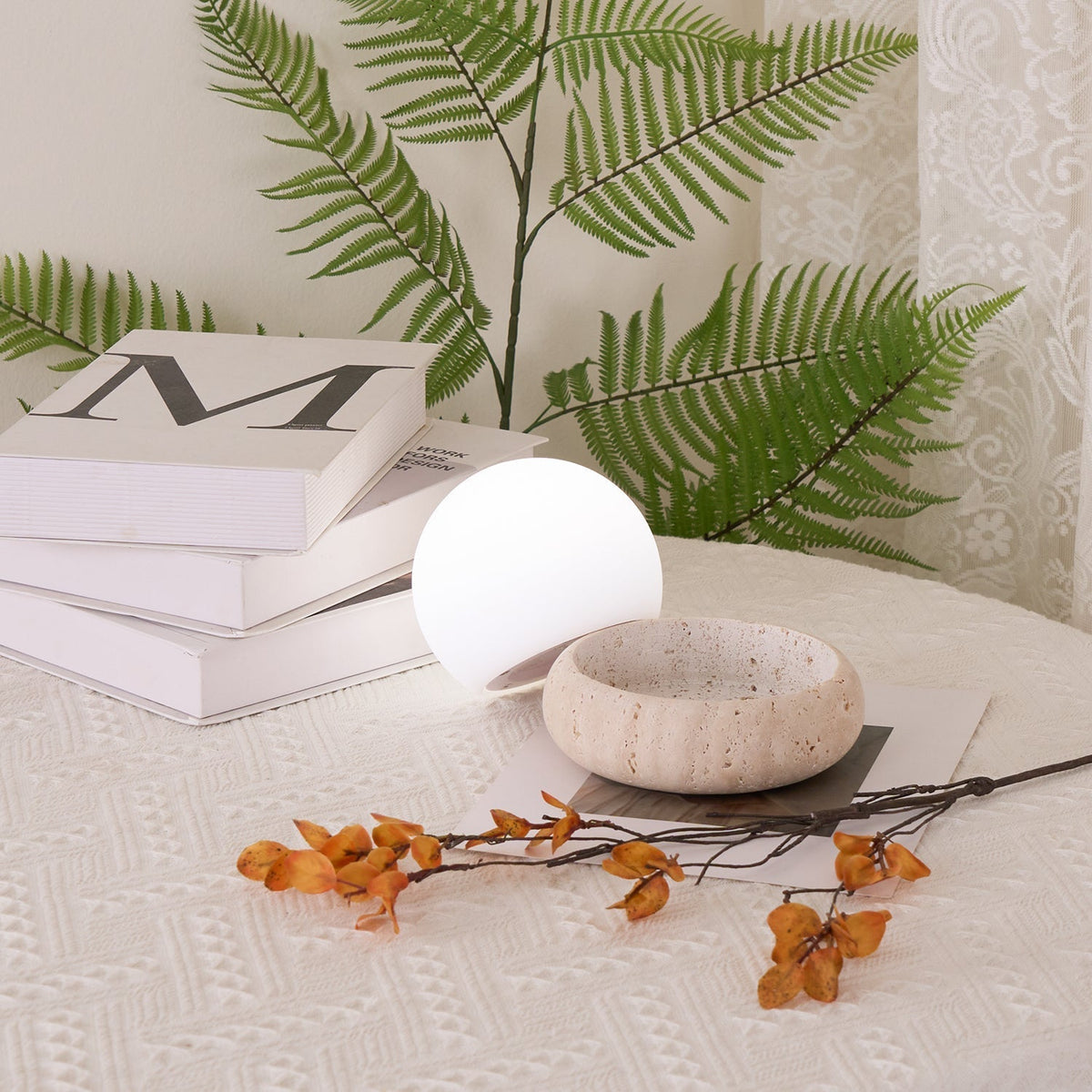 Travertine table lamp with opal glass globe, beige natural stone base, USB rechargeable LED