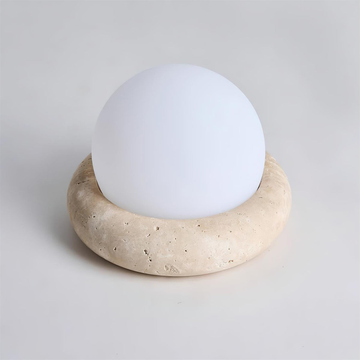 Travertine table lamp with opal glass globe, beige natural stone base, USB rechargeable LED