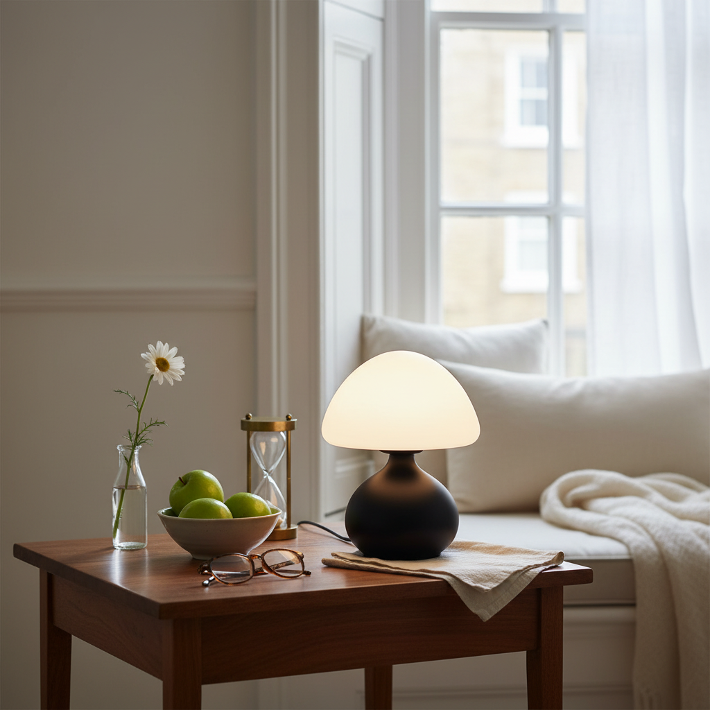 Mushroom bedside lamp opal shade matte black base USB 3-colour LED 19.5cm