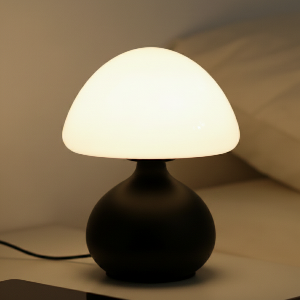 Mushroom bedside lamp opal shade matte black base USB 3-colour LED 19.5cm