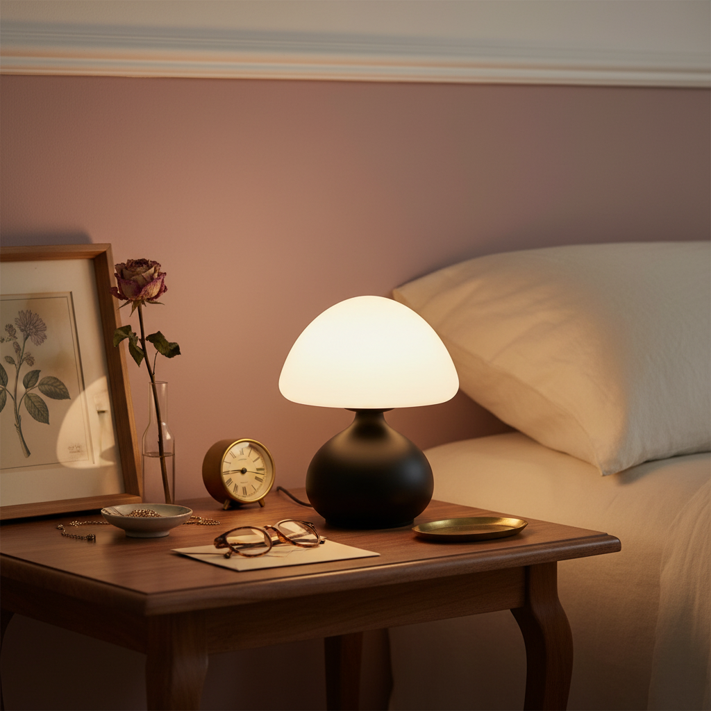 Mushroom bedside lamp opal shade matte black base USB 3-colour LED 19.5cm
