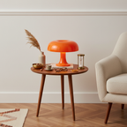 Mushroom table lamp in warm orange glossy finish, cordless USB-C rechargeable, 25cm height