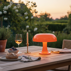 Mushroom table lamp in warm orange glossy finish, cordless USB-C rechargeable, 25cm height