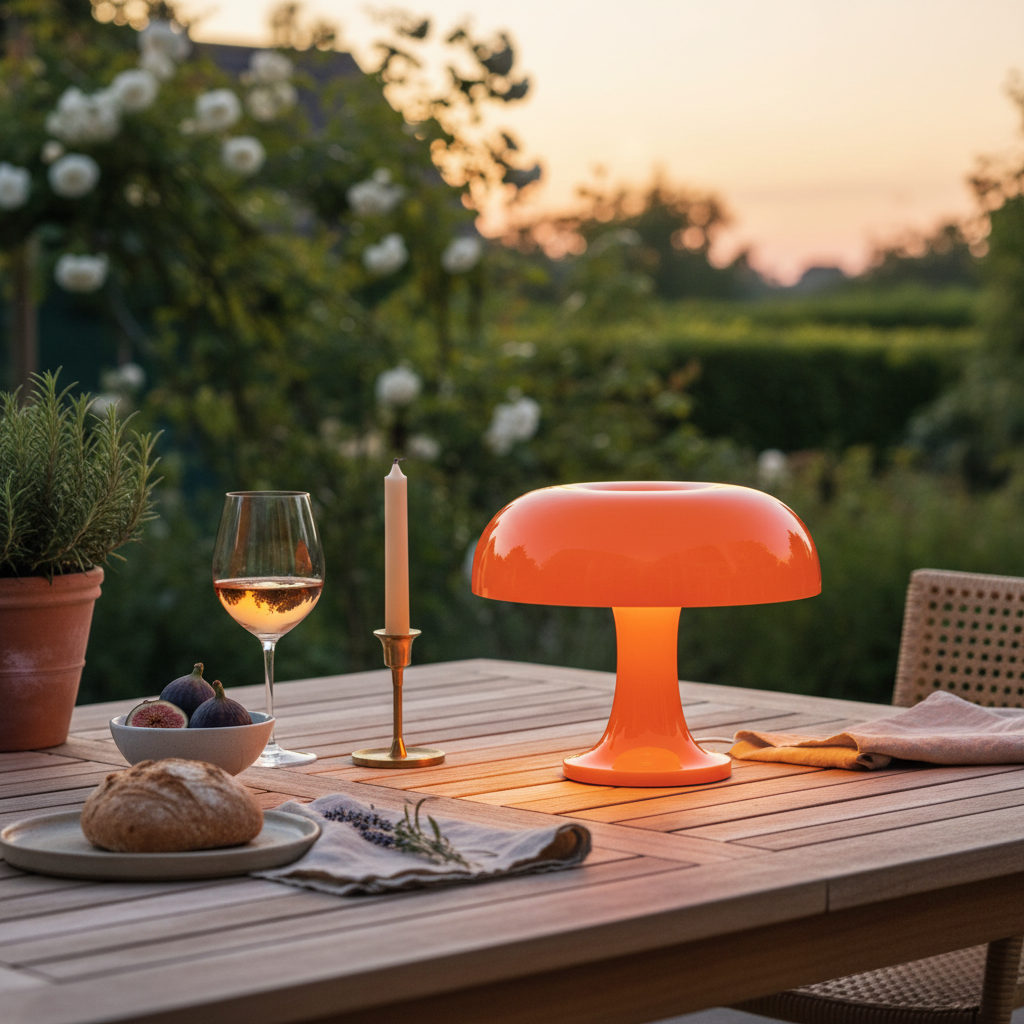 Mushroom table lamp in warm orange glossy finish, cordless USB-C rechargeable, 25cm height