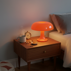 Mushroom table lamp in warm orange glossy finish, cordless USB-C rechargeable, 25cm height
