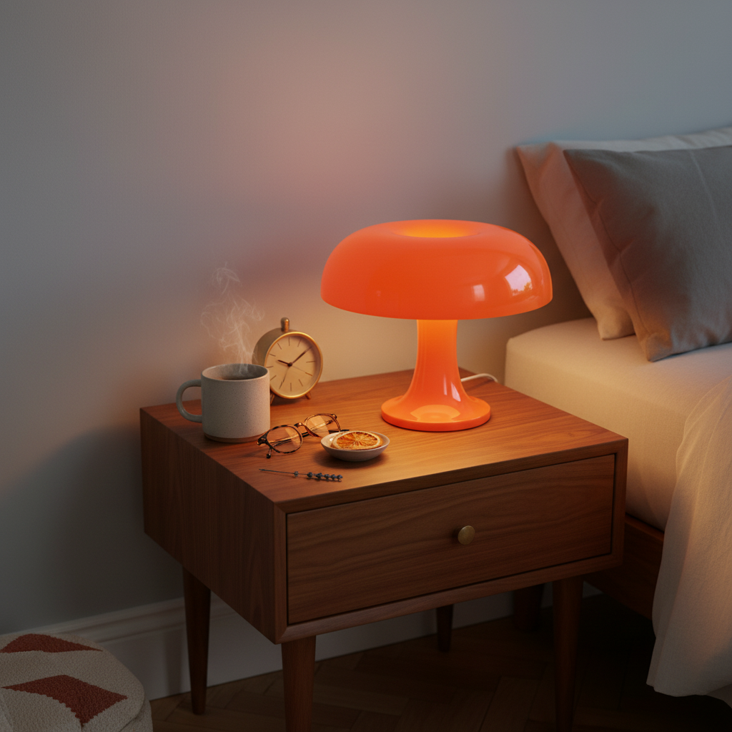 Mushroom table lamp in warm orange glossy finish, cordless USB-C rechargeable, 25cm height