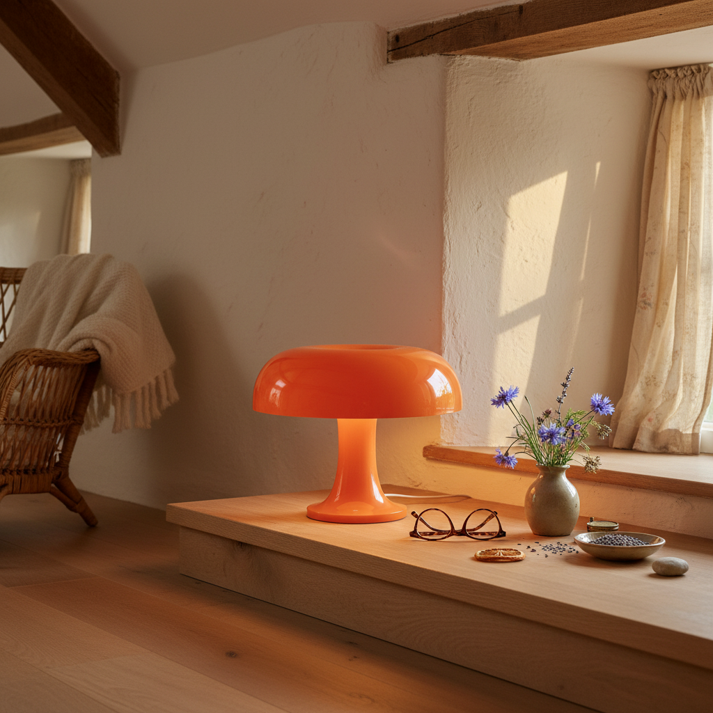 Mushroom table lamp in warm orange glossy finish, cordless USB-C rechargeable, 25cm height