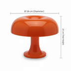 Mushroom table lamp in warm orange glossy finish, cordless USB-C rechargeable, 25cm height