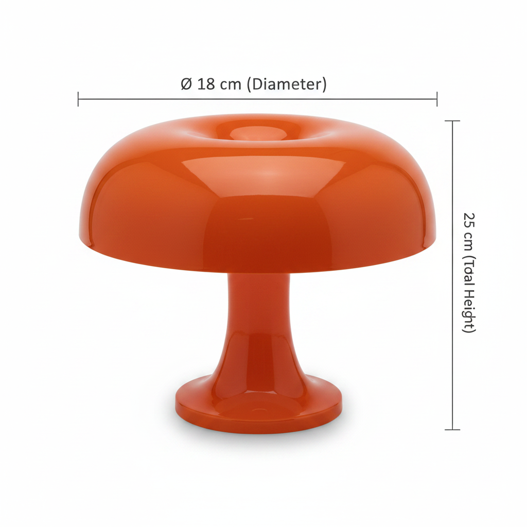 Mushroom table lamp in warm orange glossy finish, cordless USB-C rechargeable, 25cm height