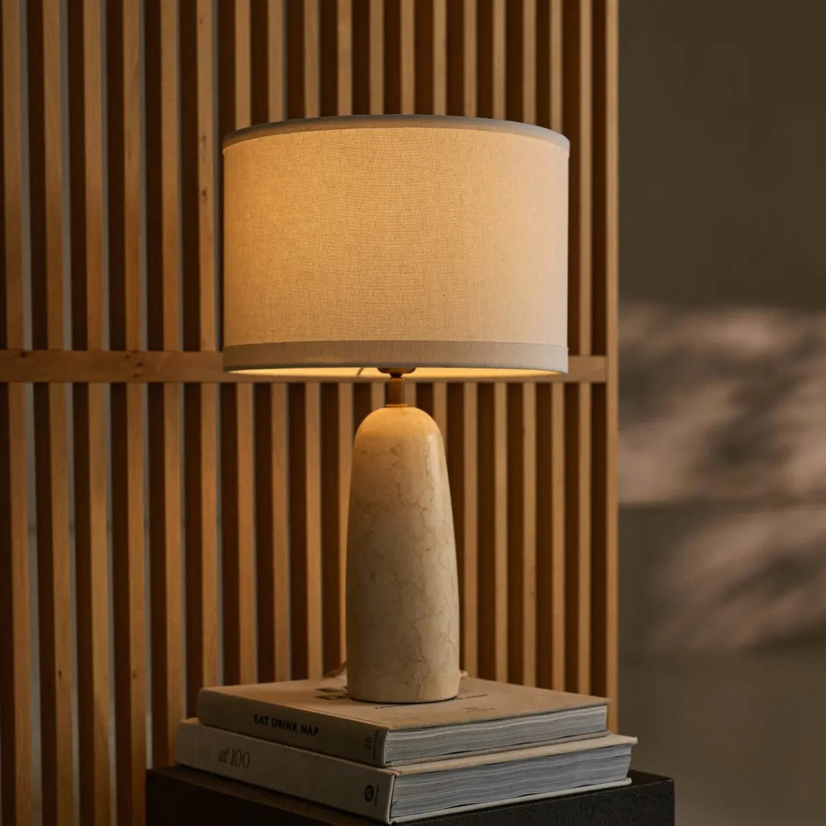 Marble table lamp with cotton shade, natural veining, 49cm height, E27 socket